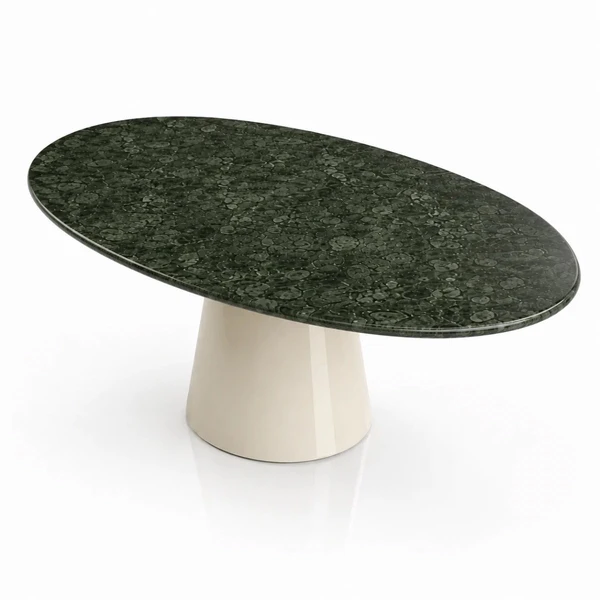 Mesa de Jantar Cone Oval 120x80 cm Tampo Mármore Verde Guatemala Base Laca Off White