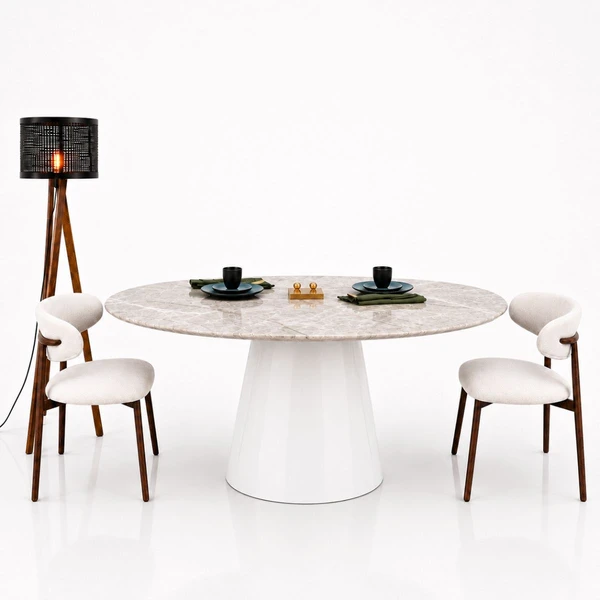 Mesa de Jantar Cone Oval 120x80 cm Tampo Quartzito Taj Mahal e Base Laca Branca
