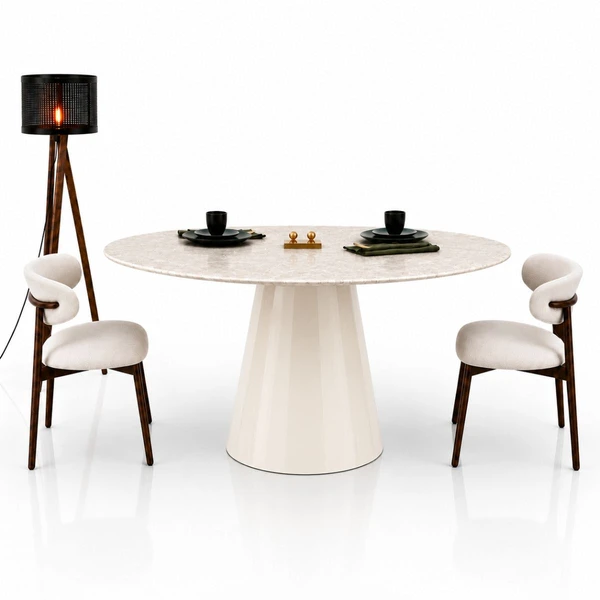 Mesa de Jantar Cone Oval 137x90 cm Tampo Quartzito Taj Mahal e Base Laca Off White