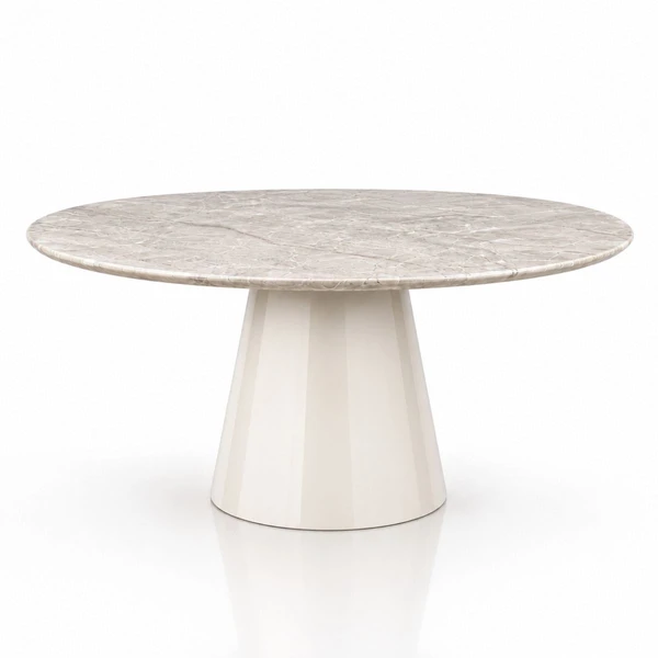 Mesa de Jantar Cone Oval 137x90 cm Tampo Quartzito Taj Mahal e Base Laca Off White