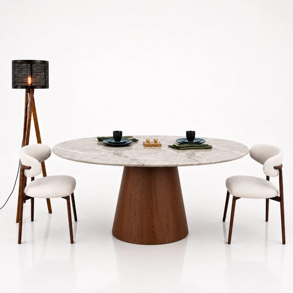 Mesa de Jantar Cone Oval 137x90 cm Tampo Quartzito Taj Mahal e Base Nogueira