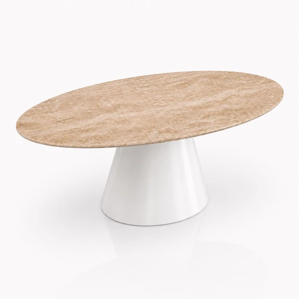 Mesa de Jantar Cone Oval 180x100 cm Tampo Mármore Travertino Base Laca Branca