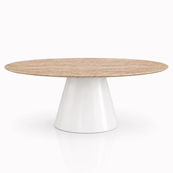 Mesa de Jantar Cone Oval 180x100 cm Tampo Mármore Travertino Base Laca Branca