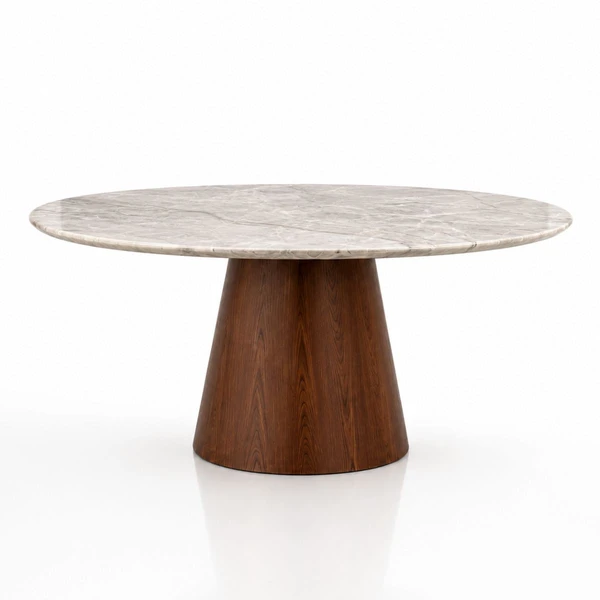 Mesa de Jantar Cone Oval 198x122 cm Tampo Quartzito Taj Mahal e Base Nogueira