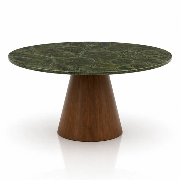 Mesa de Jantar Cone Redonda 130 cm Tampo Mármore Verde Vitória Régia Base Madeira Nogueira