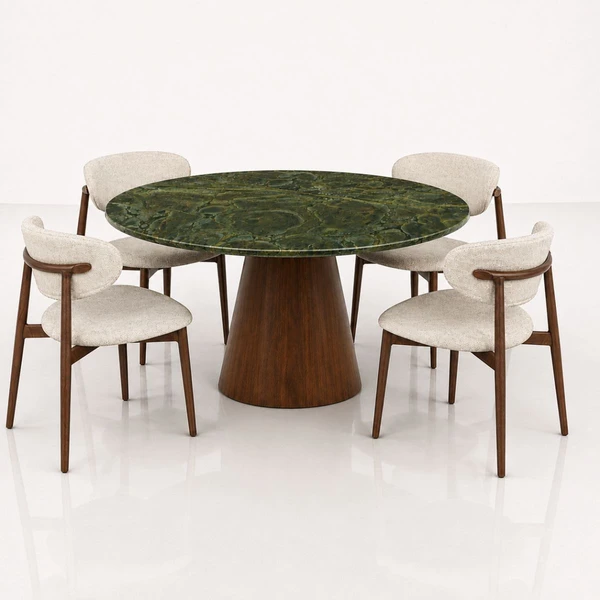 Mesa de Jantar Cone Redonda 130 cm Tampo Mármore Verde Vitória Régia Base Madeira Nogueira