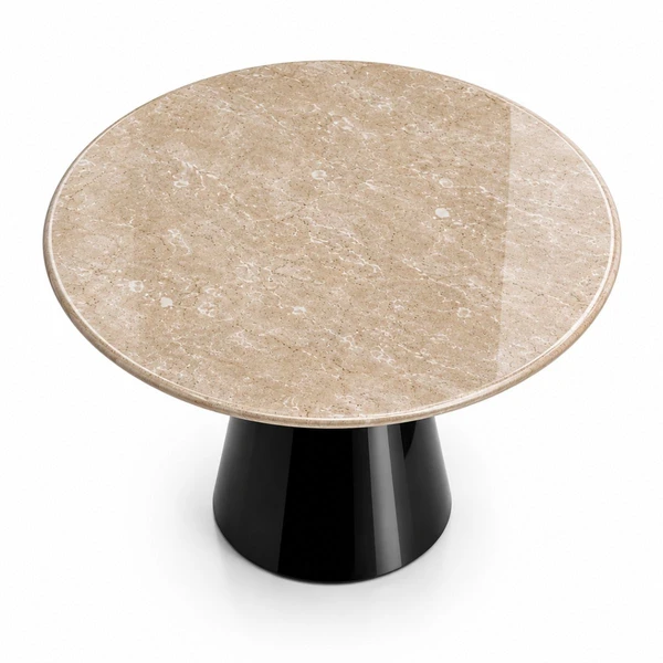 Mesa de Jantar Cone Redondo 100 cm Tampo Mármore Travertino Base Laca Preta