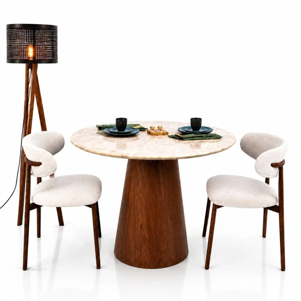 Mesa de Jantar Cone Redondo 110 cm Tampo Mármore Taj Mahal Base Nogueira
