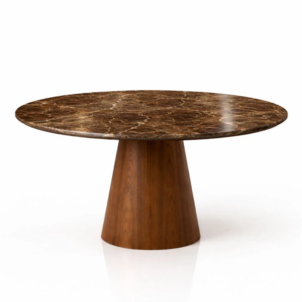 Mesa de Jantar Cone Redondo 120 cm Tampo Mármore Marrom Imperial Base Nogueira