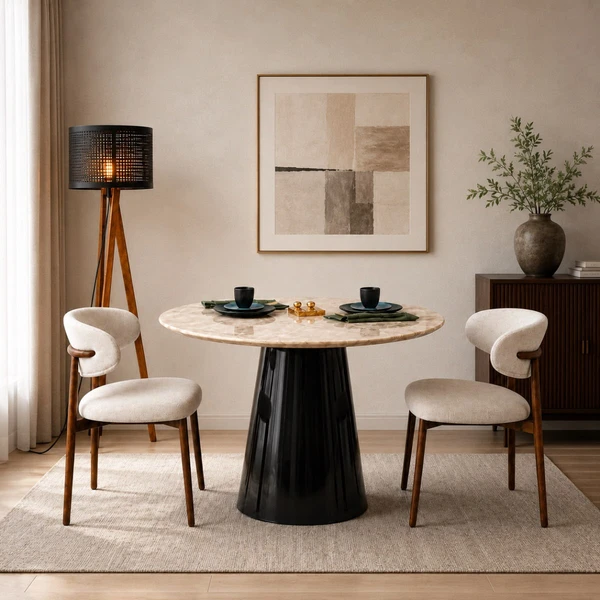 Mesa de Jantar Cone Redondo 120 cm Tampo Mármore Taj Mahal Base Laca Preta