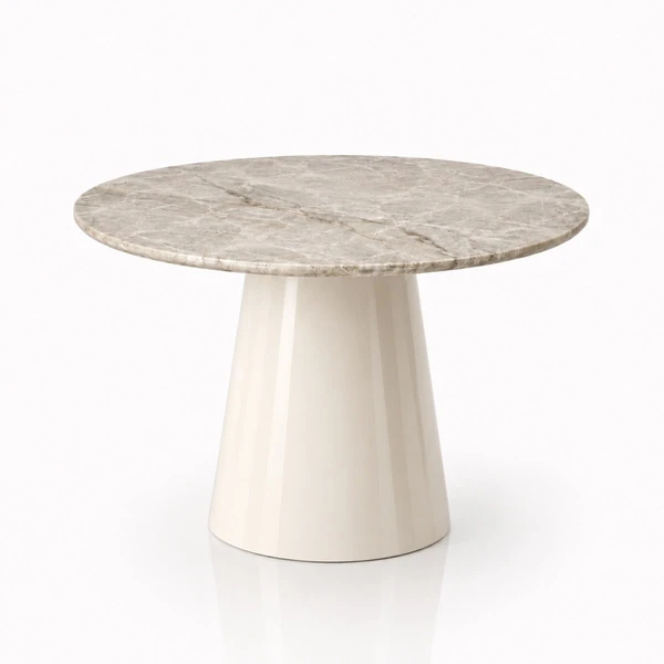 Mesa de Jantar Cone Redondo 130 cm Tampo Mármore Taj Mahal Base Laca Off White