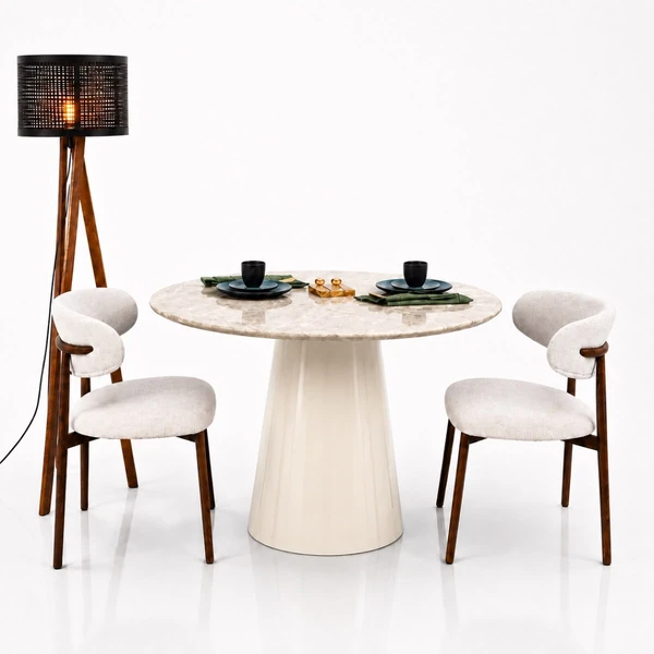 Mesa de Jantar Cone Redondo 130 cm Tampo Mármore Taj Mahal Base Laca Off White