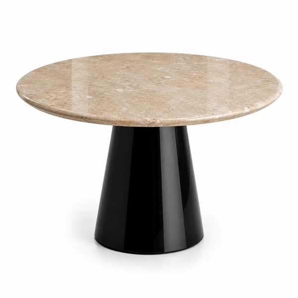 Mesa de Jantar Cone Redondo 130 cm Tampo Mármore Travertino Base Laca Preta
