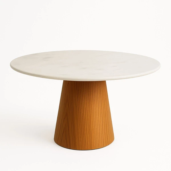 Mesa de Jantar Cone Redondo 140 cm Base Freijó Tampo Mármore Branco Extra