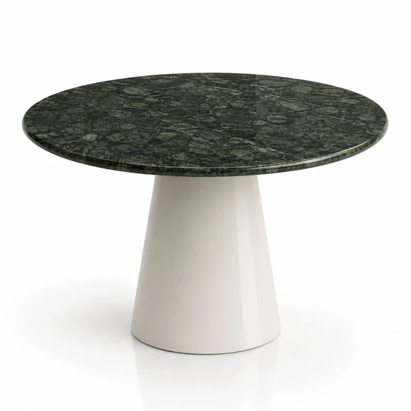 Mesa de Jantar Cone Redondo 140 cm Tampo Mármore Verde Guatemala Base Laca Branca