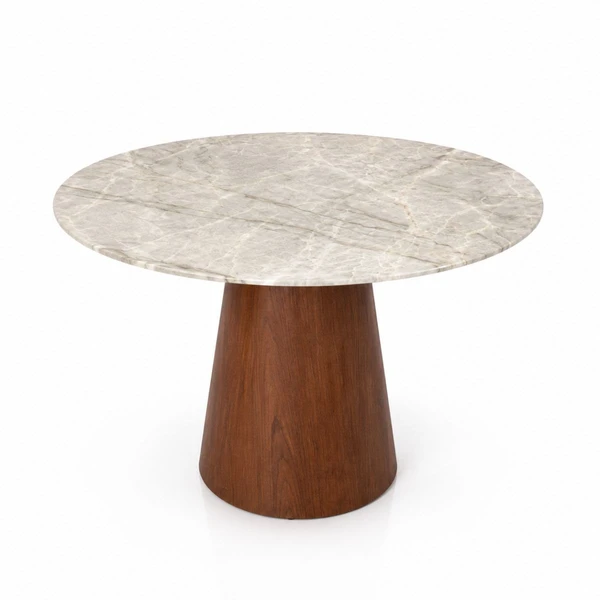 Mesa de Jantar Cone Redondo 160 cm Tampo Mármore Taj Mahal Base Nogueira