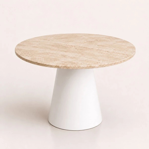 Mesa de Jantar Cone Redondo 160 cm Tampo Mármore Travertino Base Laca Branca