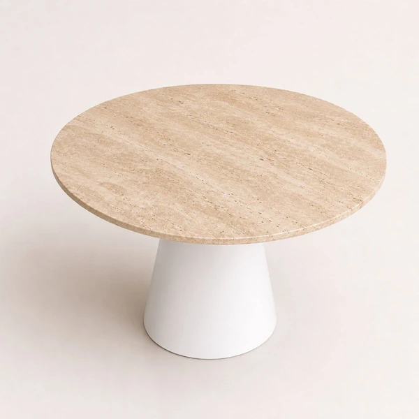 Mesa de Jantar Cone Redondo 160 cm Tampo Mármore Travertino Base Laca Branca