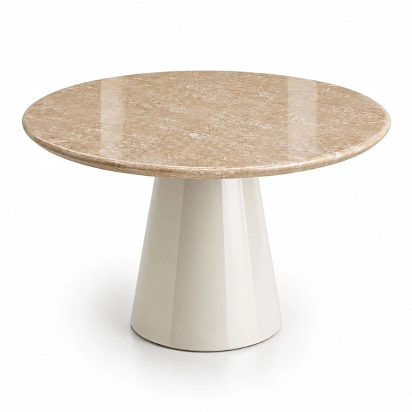 Mesa de Jantar Cone Redondo 90 cm Tampo Mármore Travertino Base Laca Off White