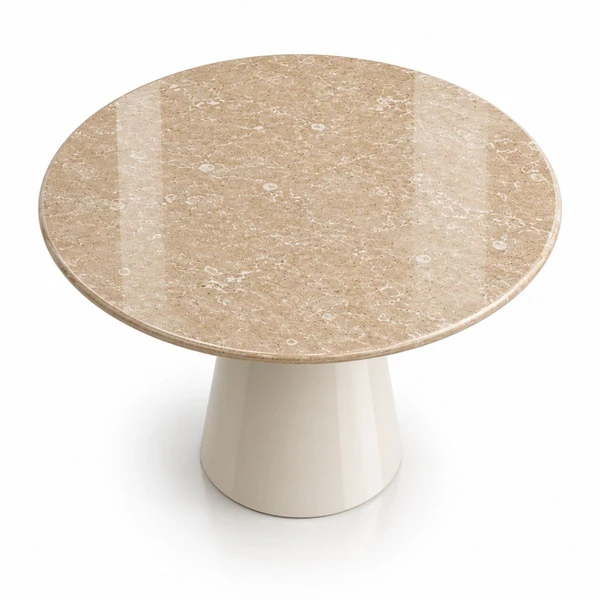Mesa de Jantar Cone Redondo 90 cm Tampo Mármore Travertino Base Laca Off White
