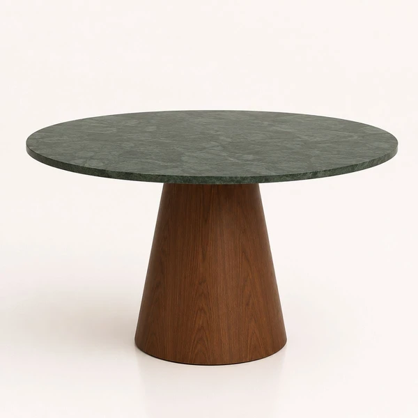 Mesa de Jantar Cone Redondo 90 cm Tampo Mármore Verde Guatemala Base Nogueira