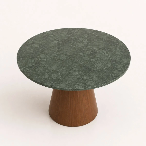 Mesa de Jantar Cone Redondo 90 cm Tampo Mármore Verde Guatemala Base Nogueira