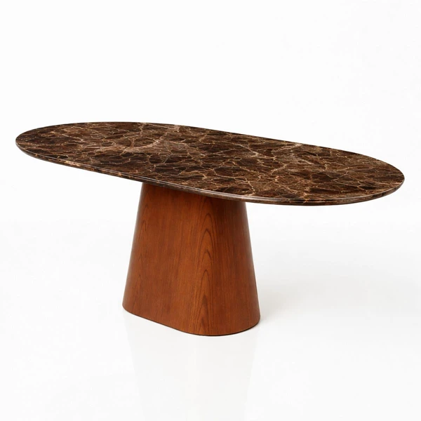 Mesa de Jantar Oblongo 198x122 cm Tampo Mármore Marrom Imperial Base Nogueira
