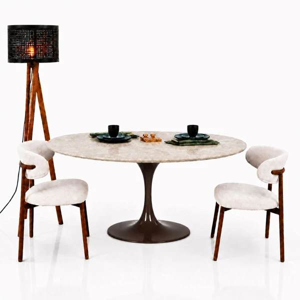Mesa de Jantar Saarinen Oval 160x90 cm Tampo Quartzito Taj Mahal e Base Laca Marrom Cacau