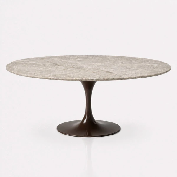 Mesa de Jantar Saarinen Oval 160x90 cm Tampo Quartzito Taj Mahal e Base Laca Marrom Cacau