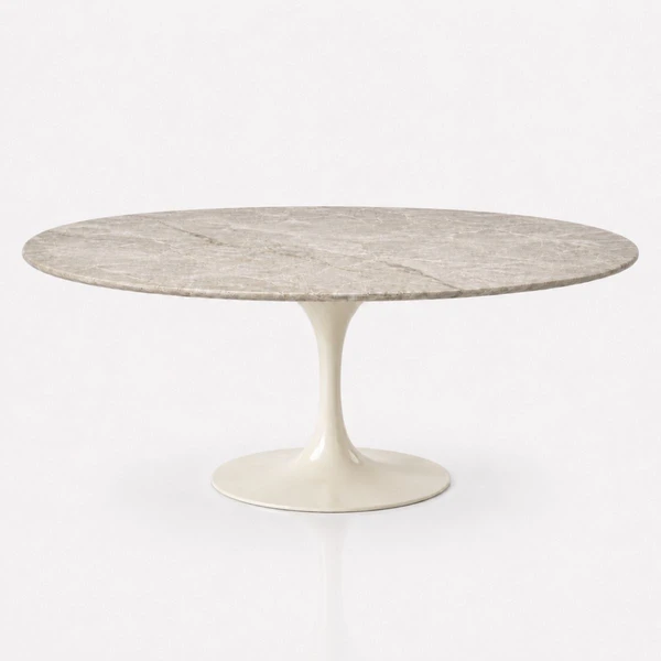 Mesa de Jantar Saarinen Oval 180x100 cm Tampo Quartzito Taj Mahal e Base Laca Off White