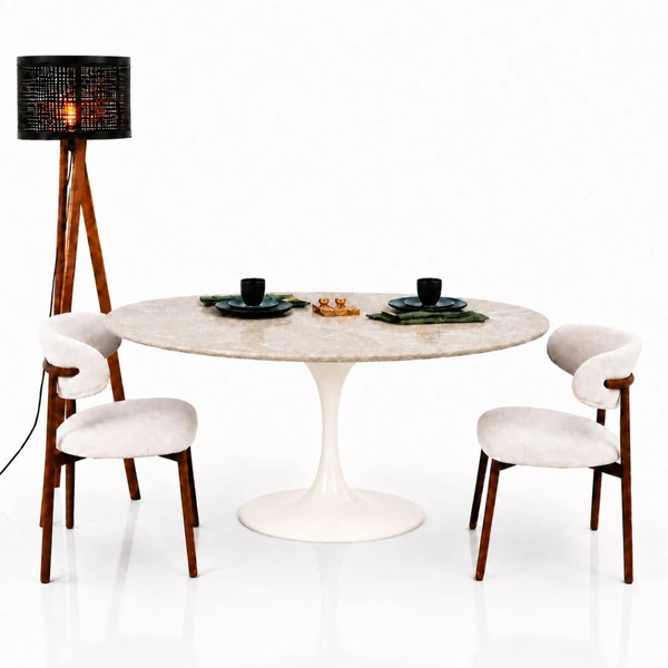 Mesa de Jantar Saarinen Oval 180x100 cm Tampo Quartzito Taj Mahal e Base Laca Off White