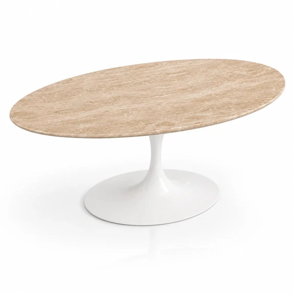 Mesa de Jantar Saarinen Oval 244x137 cm Tampo Mármore Travertino Base Laca Branca