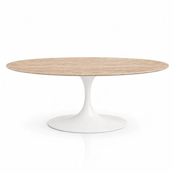 Mesa de Jantar Saarinen Oval 244x137 cm Tampo Mármore Travertino Base Laca Branca