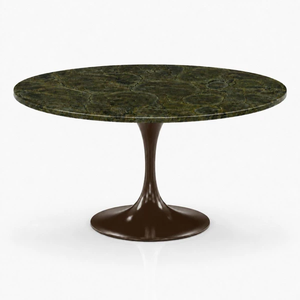 Mesa de Jantar Saarinen Redonda 150 cm Tampo Mármore Verde Vitória Régia Base Laca Marrom Cacau