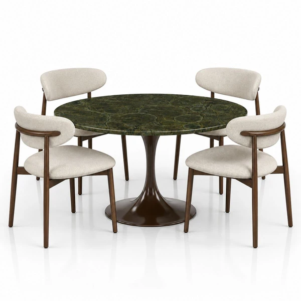 Mesa de Jantar Saarinen Redonda 150 cm Tampo Mármore Verde Vitória Régia Base Laca Marrom Cacau