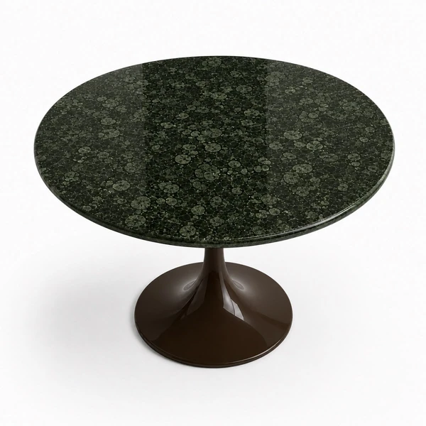 Mesa de Jantar Saarinen Redonda 160 cm Tampo Mármore Verde Guatemala Base Laca Marrom Cacau