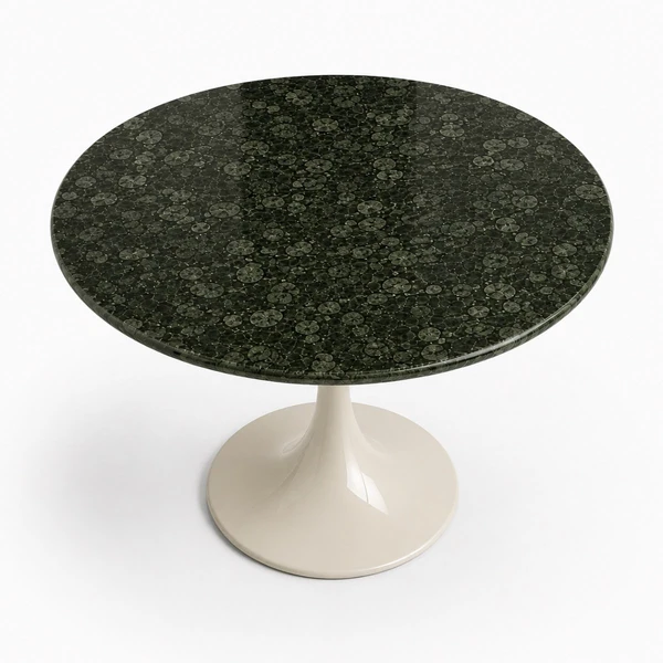 Mesa de Jantar Saarinen Redonda 90 cm Tampo Mármore Verde Guatemala Base Laca Off White