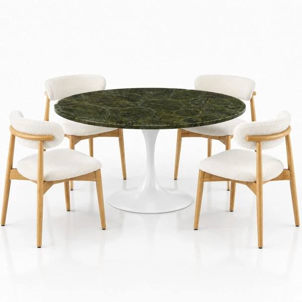 Mesa de Jantar Saarinen Redonda 90 cm Tampo Mármore Verde Vitória Régia Base Laca Branca