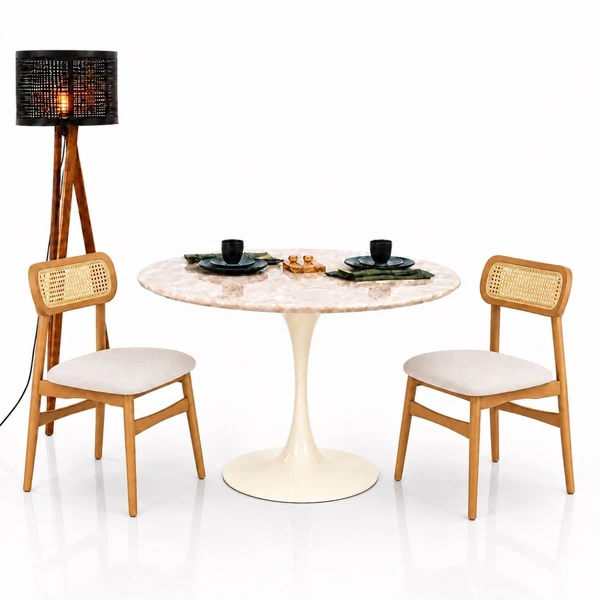 Mesa de Jantar Saarinen Redondo 100 cm Tampo Mármore Taj Mahal Base Laca Off White