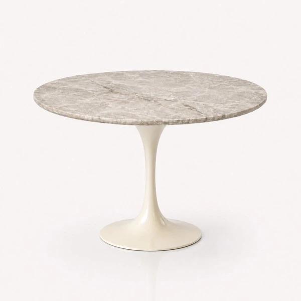 Mesa de Jantar Saarinen Redondo 100 cm Tampo Mármore Taj Mahal Base Laca Off White