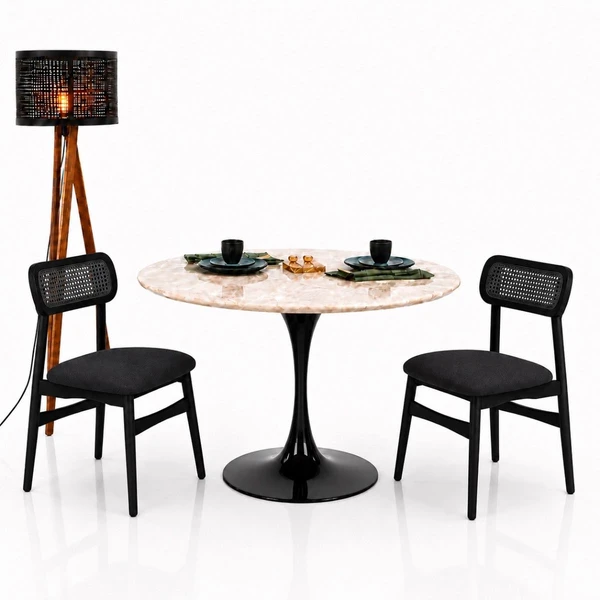 Mesa de Jantar Saarinen Redondo 110 cm Tampo Mármore Taj Mahal  Base Laca Preta