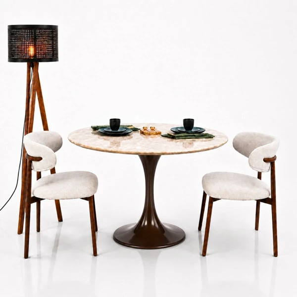 Mesa de Jantar Saarinen Redondo 160 cm Tampo Mármore Taj Mahal Base Laca Marrom Cacau
