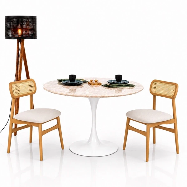 Mesa de Jantar Saarinen Redondo 80 cm Tampo Mármore Taj Mahal Base Laca Branca