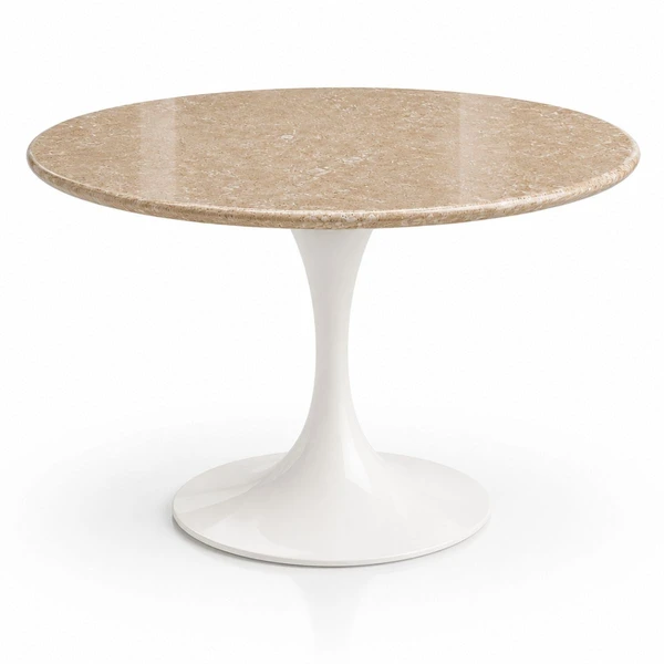 Mesa de Jantar Saarinen Redondo 90 cm Tampo Mármore Travertino Base Laca Branca