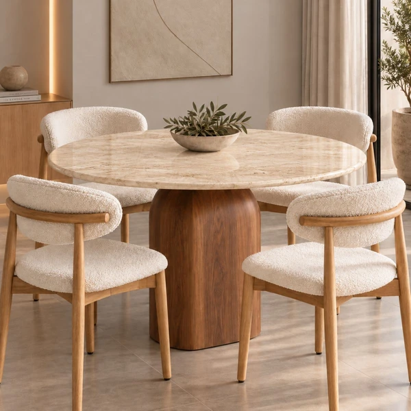 Mesa de Jantar redonda Balance 120 cm Tampo Mármore Travertino Base Freijó
