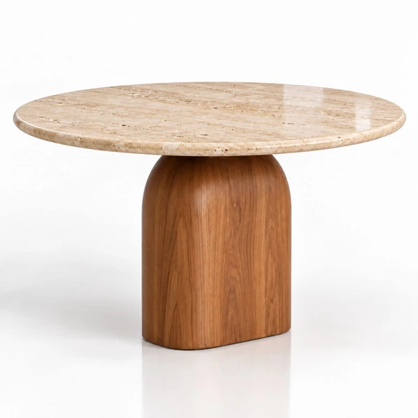 Mesa de Jantar redonda Balance 120 cm Tampo Mármore Travertino Base Freijó