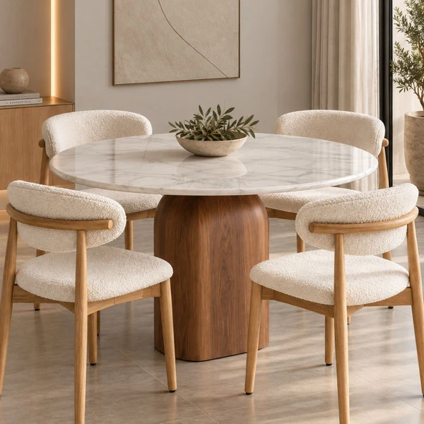 Mesa de Jantar redonda Balance 80 cm Tampo Mármore Branco Extra Base Freijó