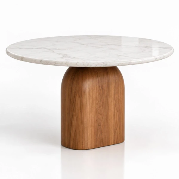 Mesa de Jantar redonda Balance 80 cm Tampo Mármore Branco Extra Base Freijó