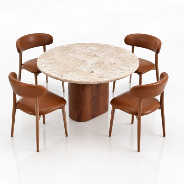 Mesa de Jantar redonda Balance 90 cm Tampo Mármore Travertino Base Nogueira