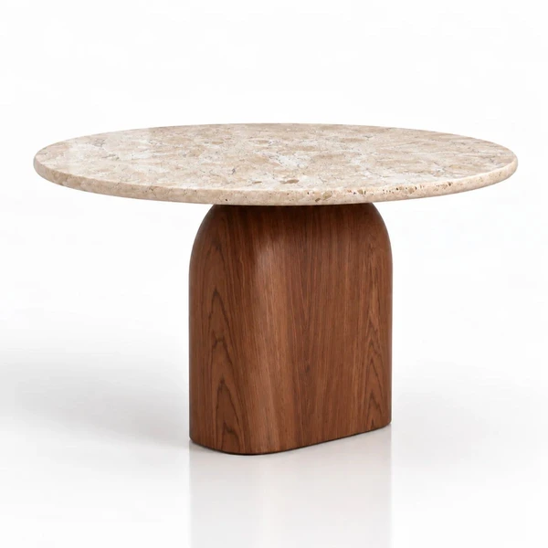 Mesa de Jantar redonda Balance 90 cm Tampo Mármore Travertino Base Nogueira